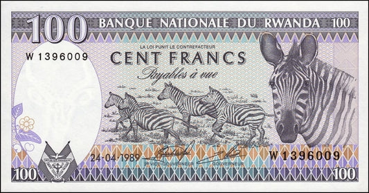 Rwanda 100 franków Zebry 1989 P-19
