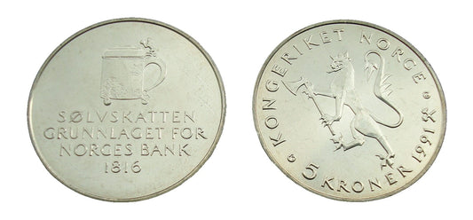 Norwegia 5 koron 175 lat Banku 1991